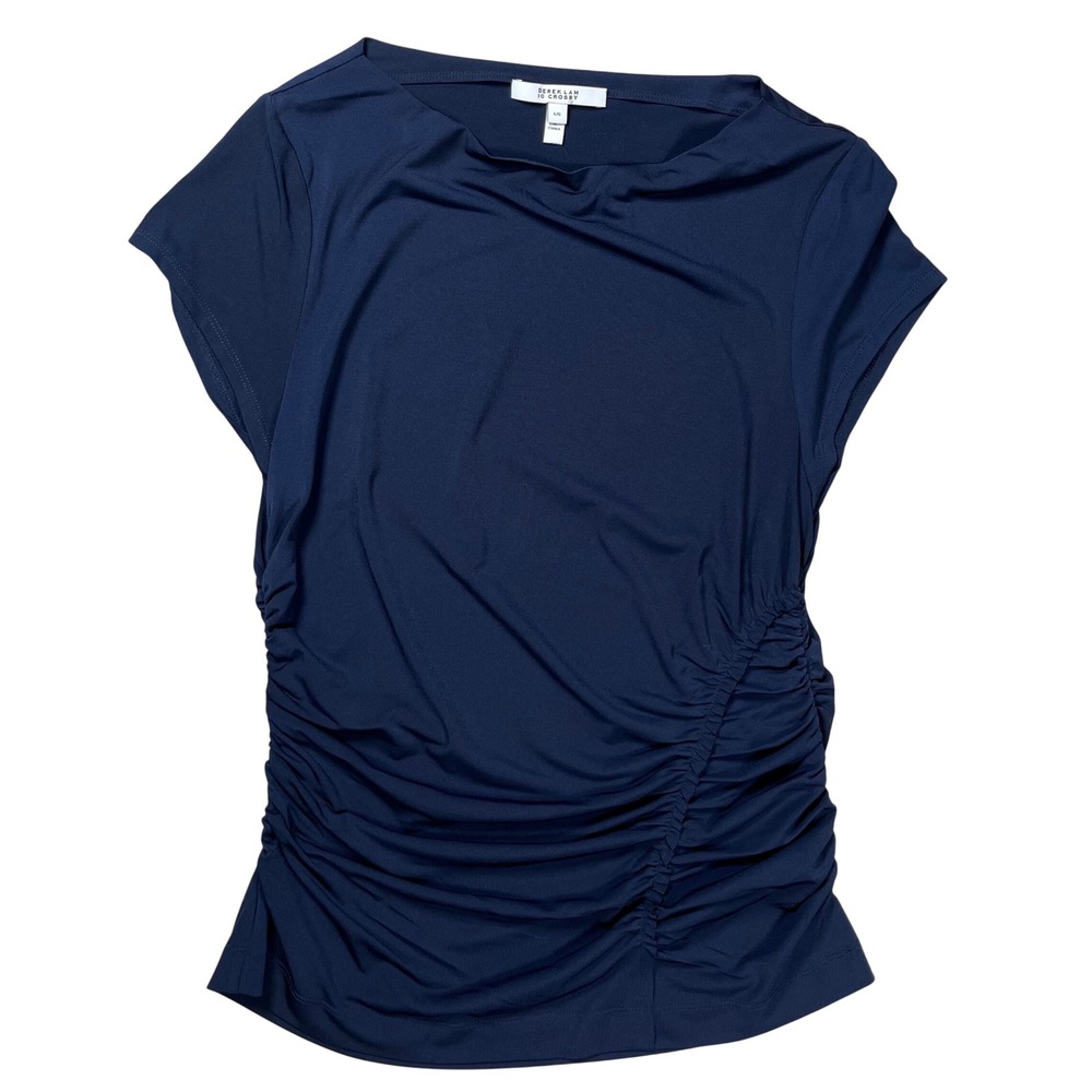 Derek Lam 10 Crosby Top Women Large Navy Blue Ruched Boat Neck Blouse Office Lux